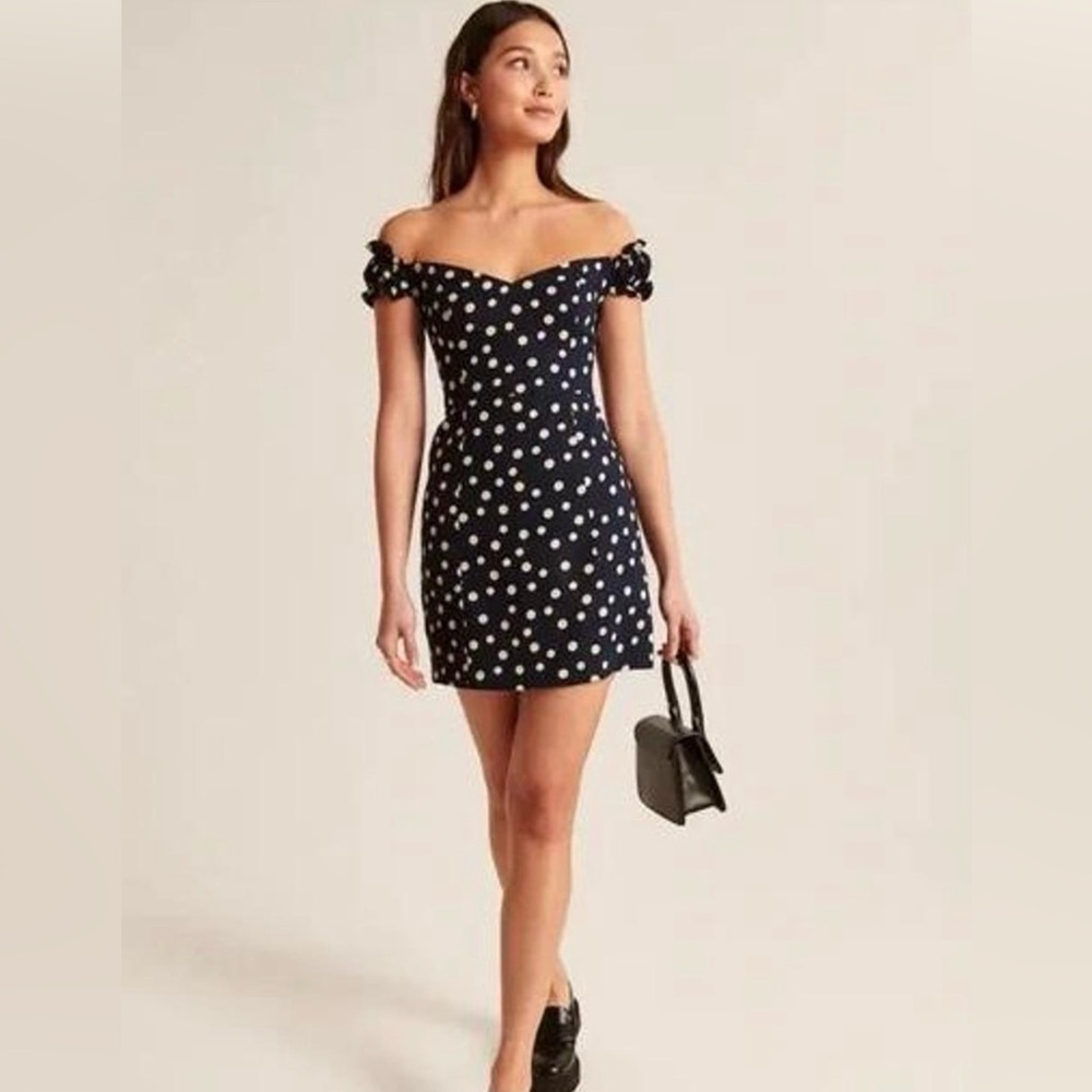 NWT Abercrombie Polka Dot Navy Off-Shoulder Linen Mini Dress
